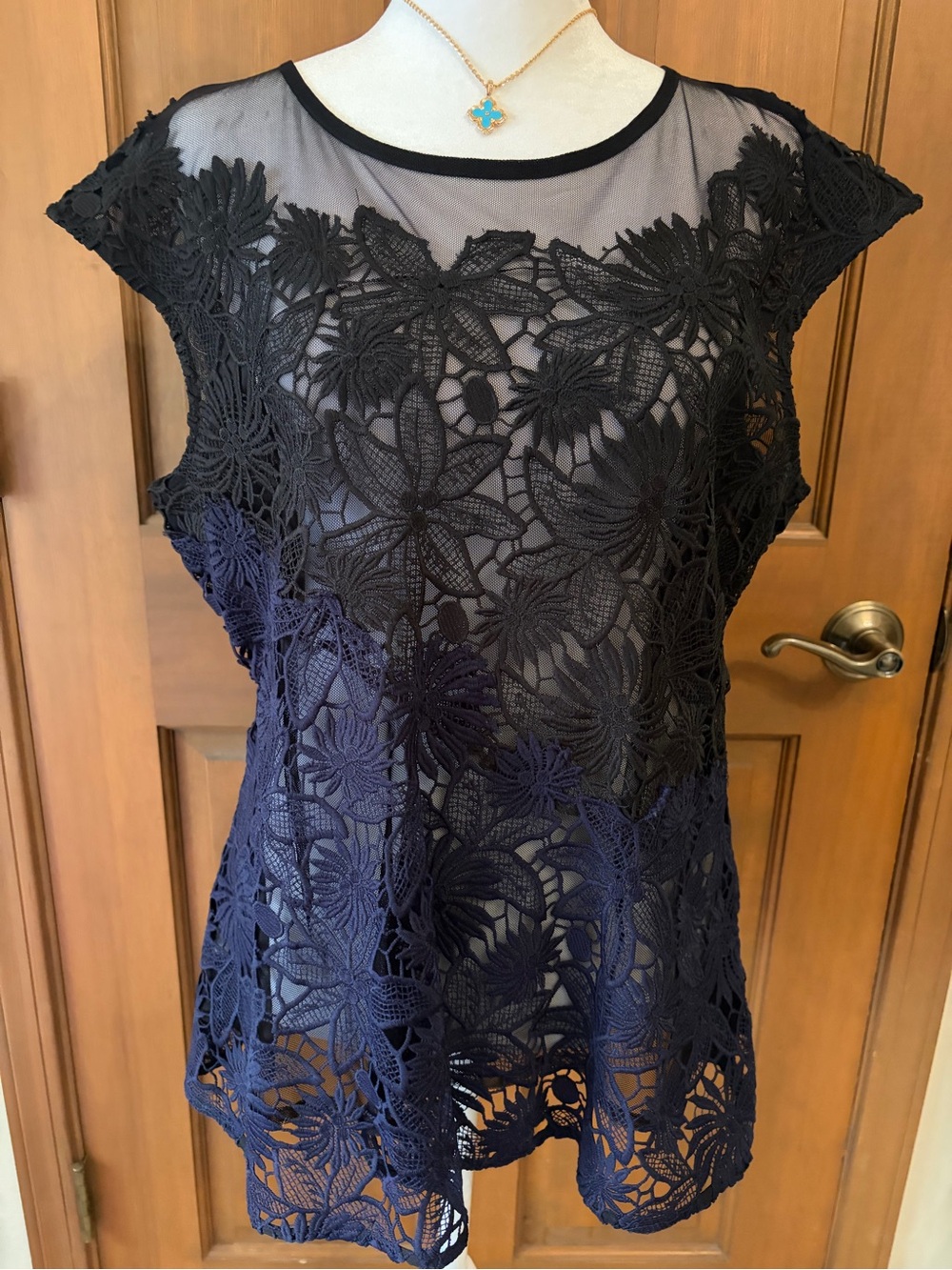 Floral Lace Overlay Sheer Top Navy & Black
